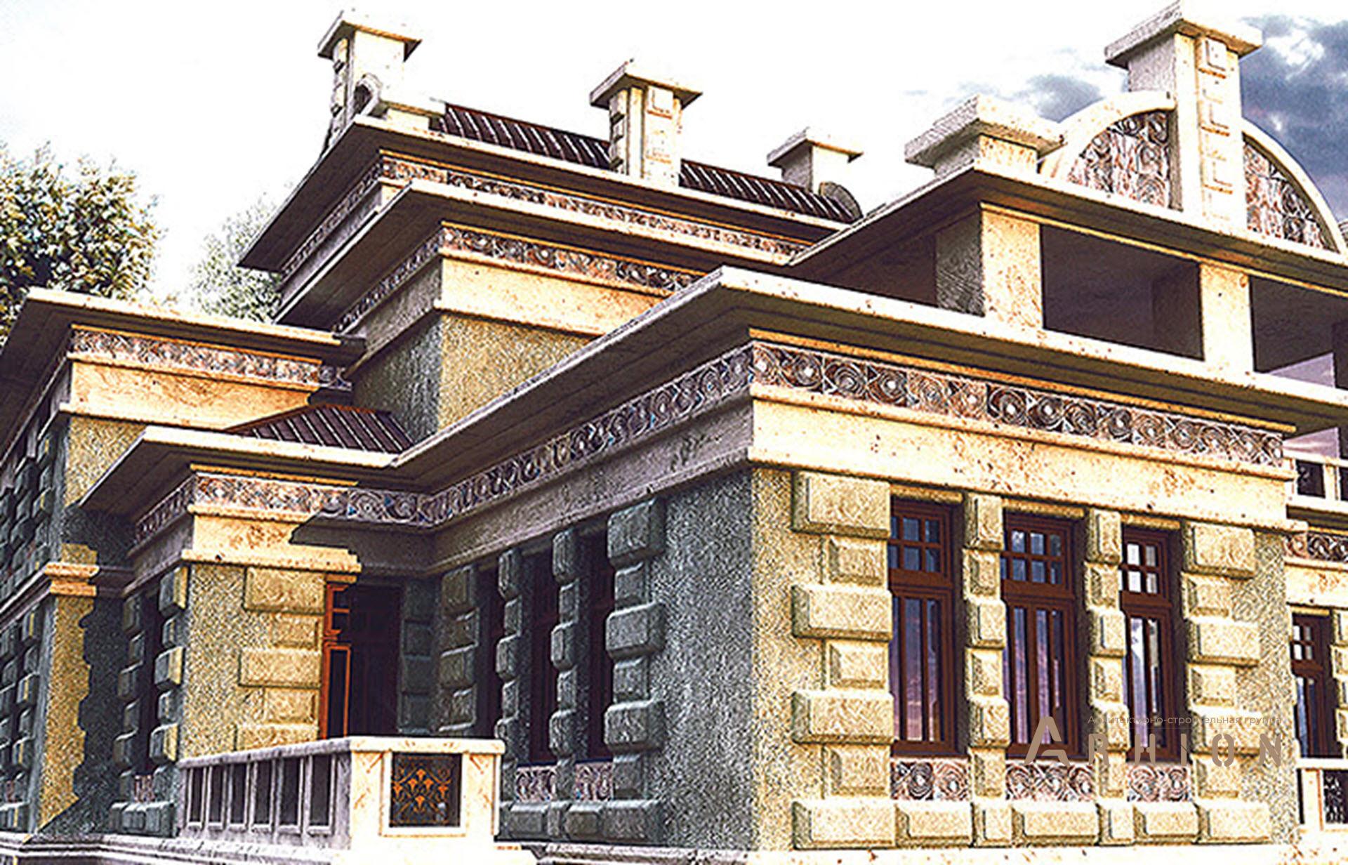 4. Проект двухэтажного дома в замковом стиле с многоскатной кровлей, SOV-8, площадью - 1141 кв c цокольным этажом, терассой, балконом